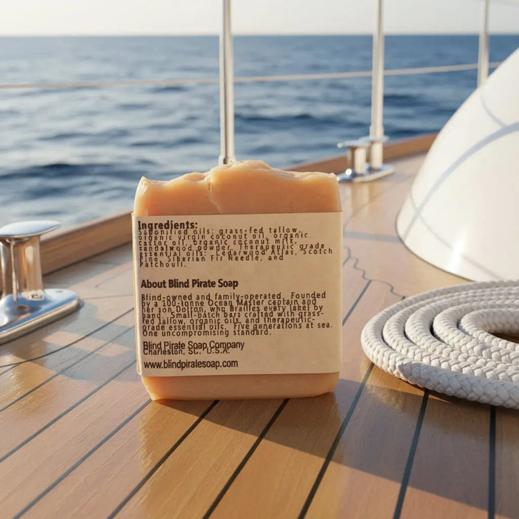 Driftwood & Stone | Tallow soap bar on the bow of a boat. Back labels tells the ingredients . Blind Pirate Trading Co.