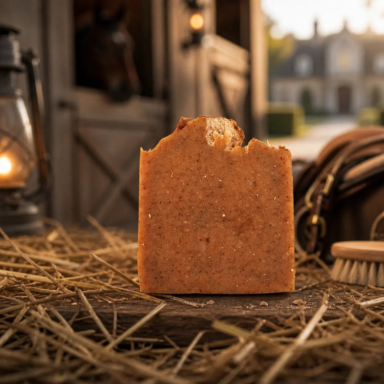Unwrapped Oatmeal & Honey tallow bar, hay, glowing lantern, leather saddle, horse in stable door behind. Blind Pirate Trading Co.