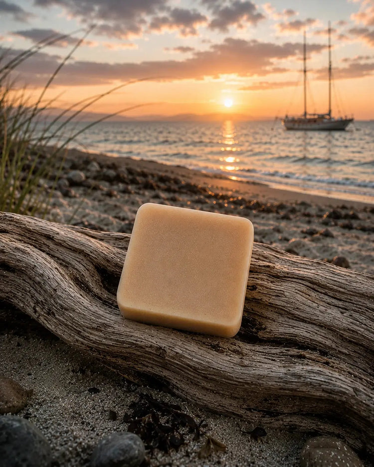 Passage bar on driftwood at sunset Sailor's Mead Passage shampoo bar on driftwood at sunset beach, Certified Grass-Fed Tallow, Blind Pirate Trading Co.