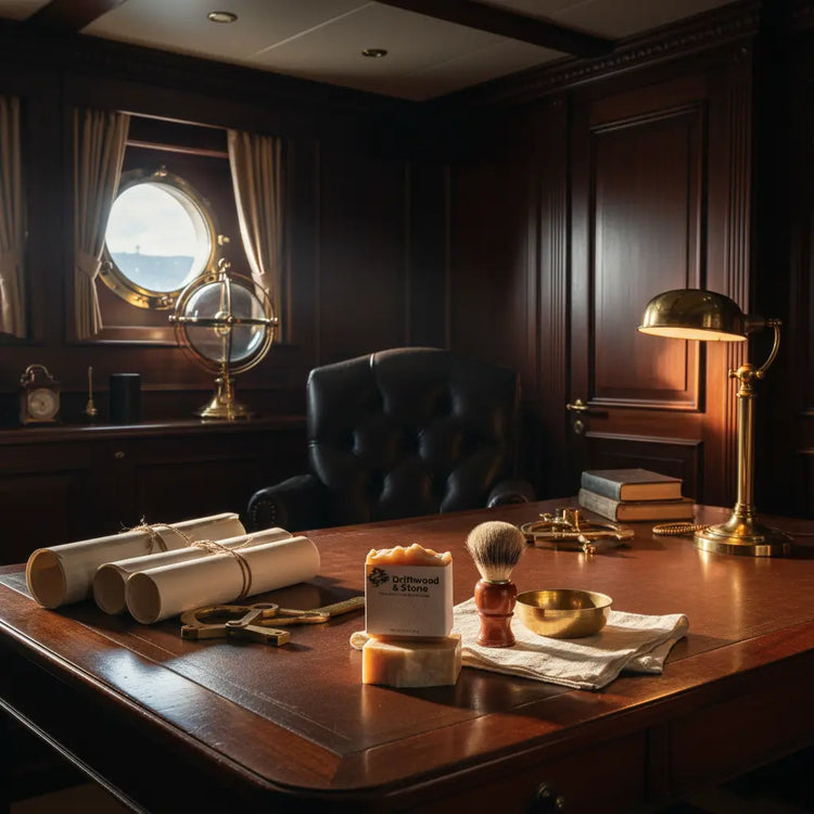 Driftwood & Stone | Rolled charts, a brass sextant and grooming tools laid out on a captain's cabin table — refined and ready.