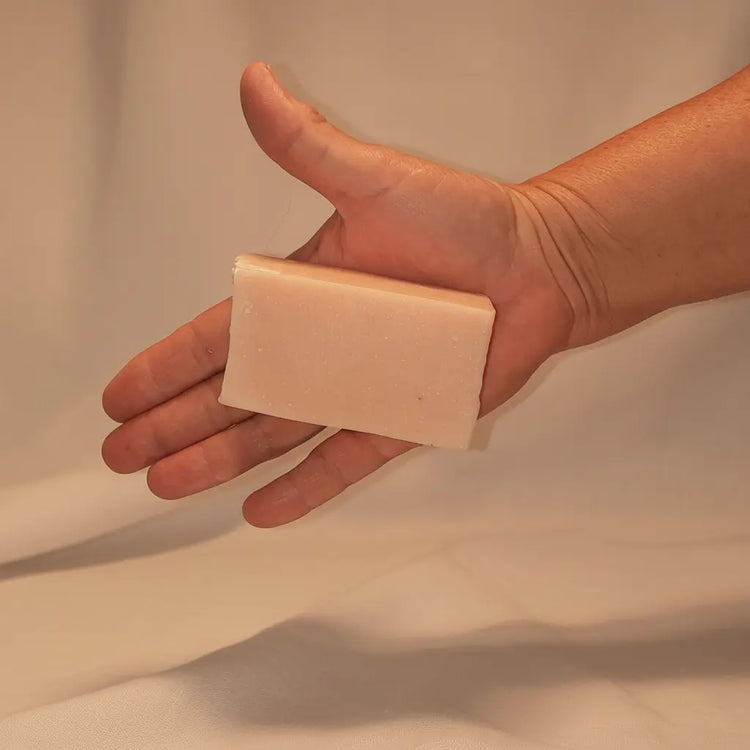 Ballast Bar cut Coconut Rose grass-fed tallow soap bar, creamy white with soft pink swirls. Blind Pirate Trading Co.