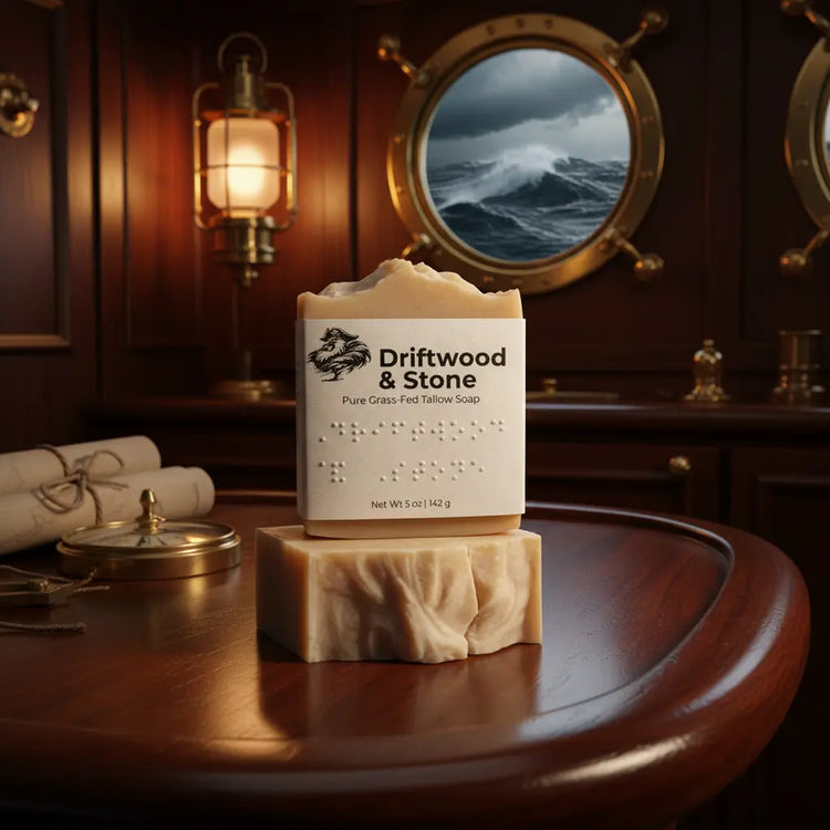 Driftwood & Stone — Named & Wrapped Bar in warm cabin, stormy sea outside the port light. Braille labeled
