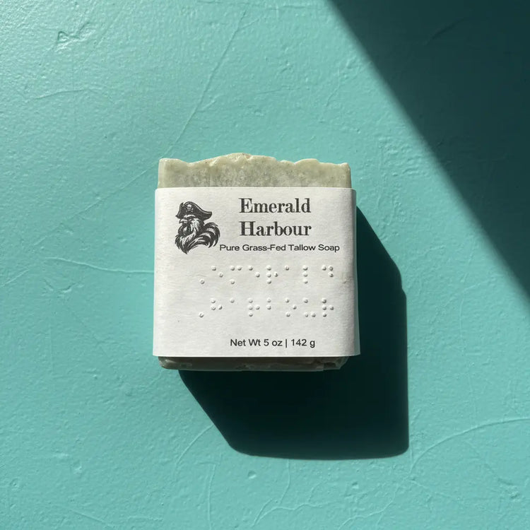 Emerald Harbour | Grass Fed Tallow Soap Bar Blind Pirate Trading Co. Label is brailled with the name of the soap