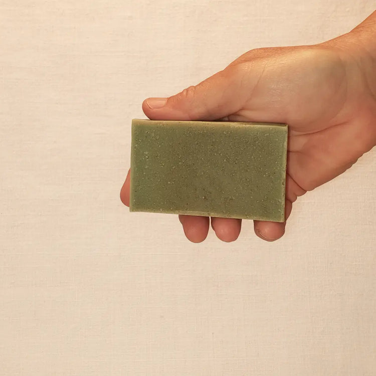 Ballast cut Emerald Harbour grass-fed tallow soap bar, rich deep green with natural speckles.