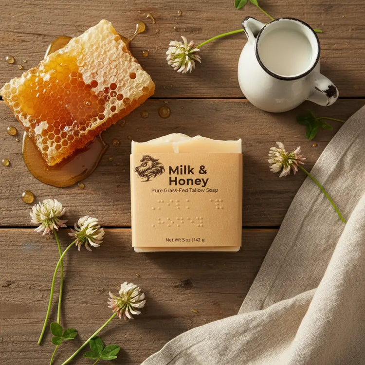 Overhead view of Milk & Honey front panel beside golden honeycomb and fresh milk, warm and inviting flatlay.