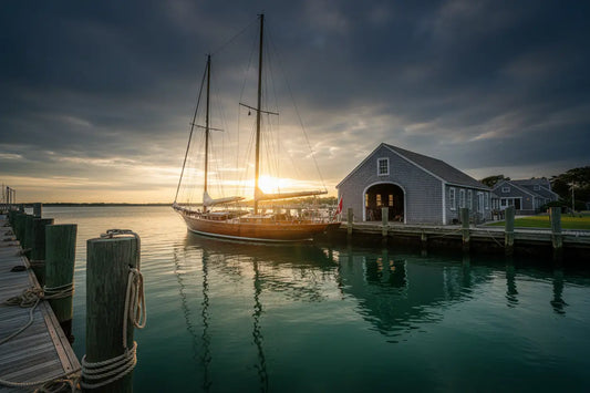 Hamptons Harbor — Golden Hour Drama cascades warmly over a classic boathouse and weathered dock, peaceful and inviting.