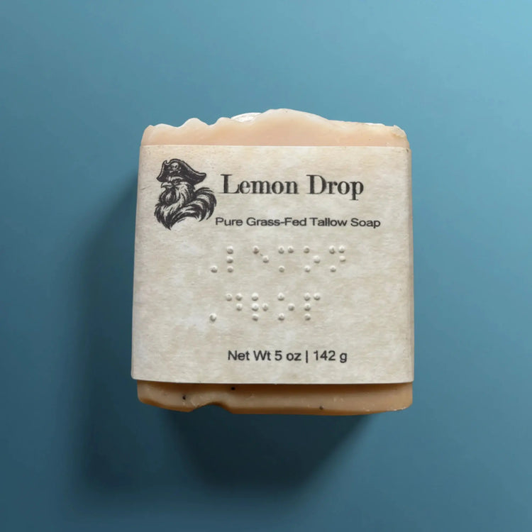 Lemon Drop | Grass Fed Tallow Soap Bar Blind Pirate Trading Co. — Full label and braille on the front of the label.