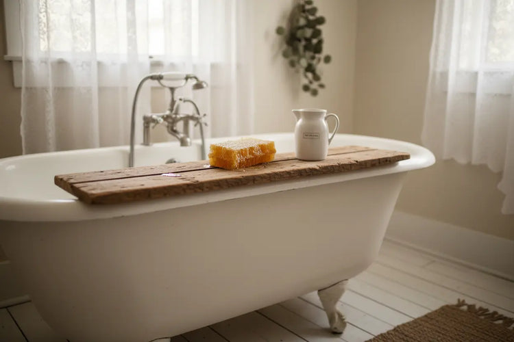 Milk & Honey — Farmhouse Bath Tray, with milk and honey.