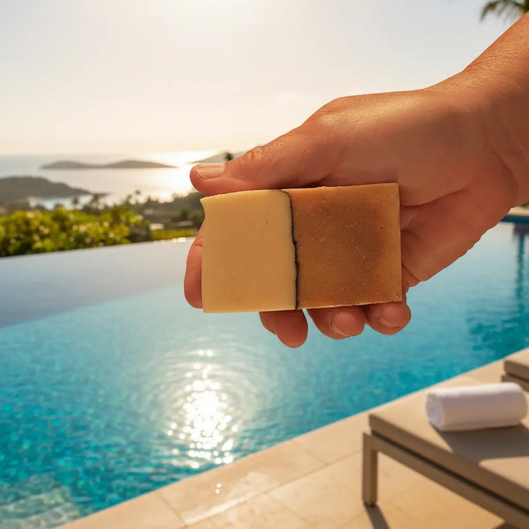 Orange Crush Ballast Cut | Infinity Pool Soap Bar over looking a tropical paradise.