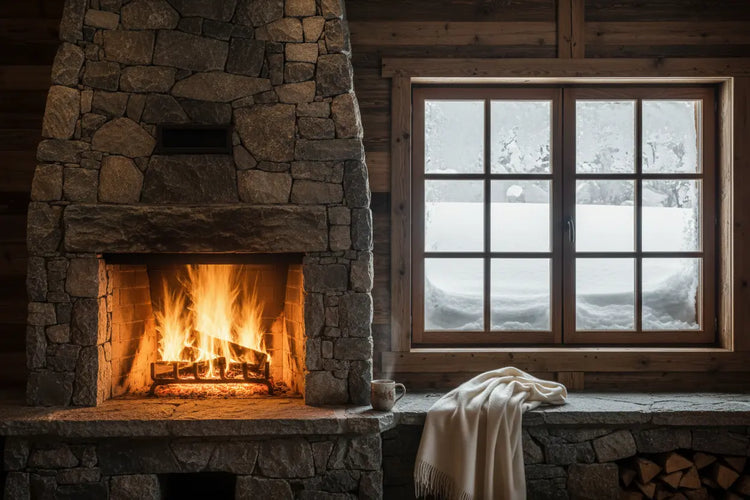 Luxury Alpine Fireplace glows beside a cozy window seat, thick snow banked deep outside.