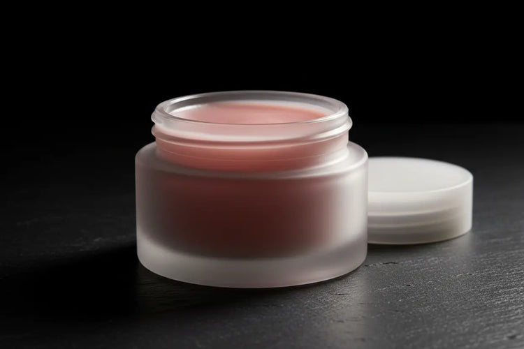 Ditch Kit rose tinted lip balm in frosted glass jar, lid off, soft pink tallow balm on dark marble. Blind Pirate Trading Co.
