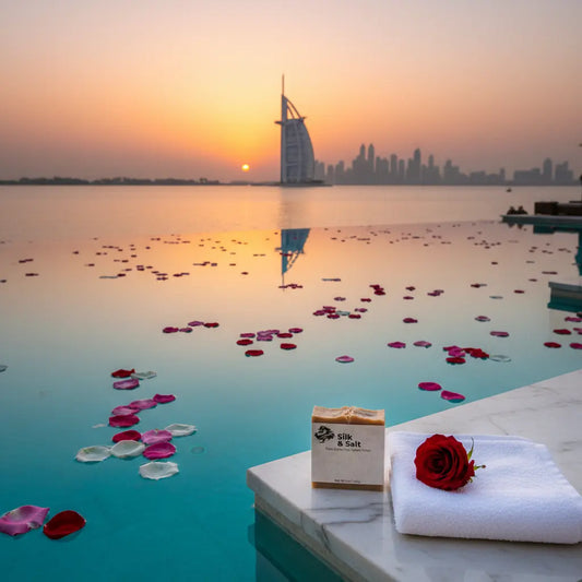 Silk & Salt — Dubai Infinity Pool Silk & Salt bar on the edge, golden light glowing warmly, Dubai's glittering skyline rising beyond.