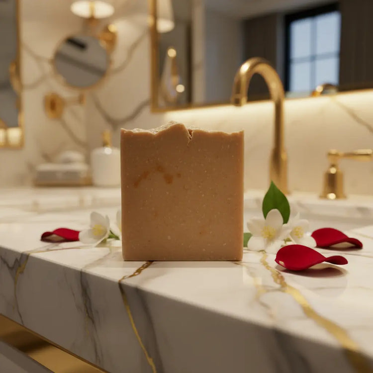 Unwrapped Silk & Salt bar rests on a marble and gold bathroom sink, gleaming in warm luxurious light."