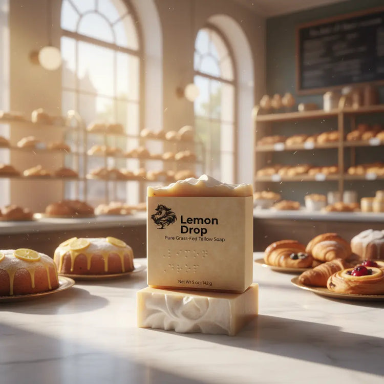 Lemon Drop tallow soap bars stacked among pastries and steaming bread in a golden sun-drenched French patisserie.