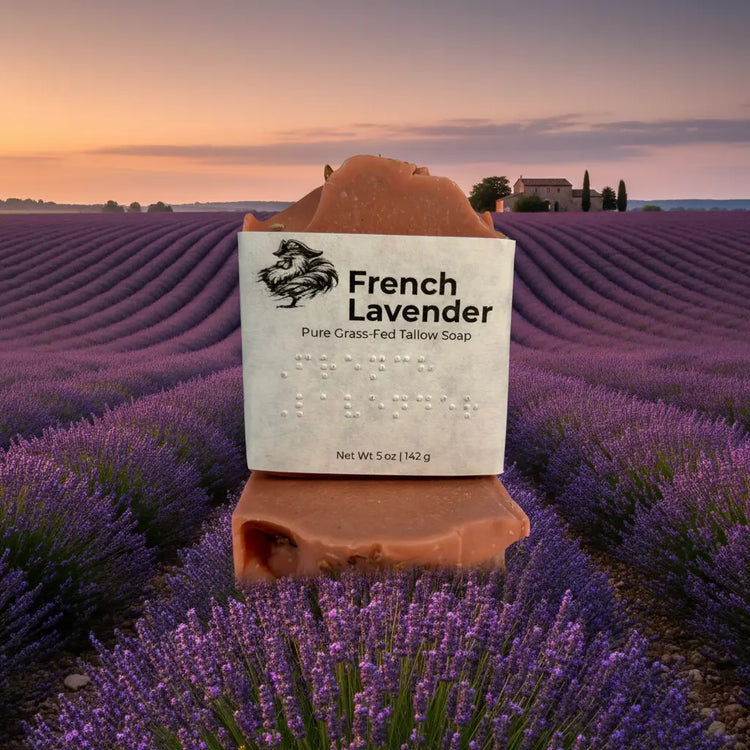 Stacked Front — Lavender Dusk bars stacked and glowing in the golden sunset light, lavender rows stretching warmly all around.