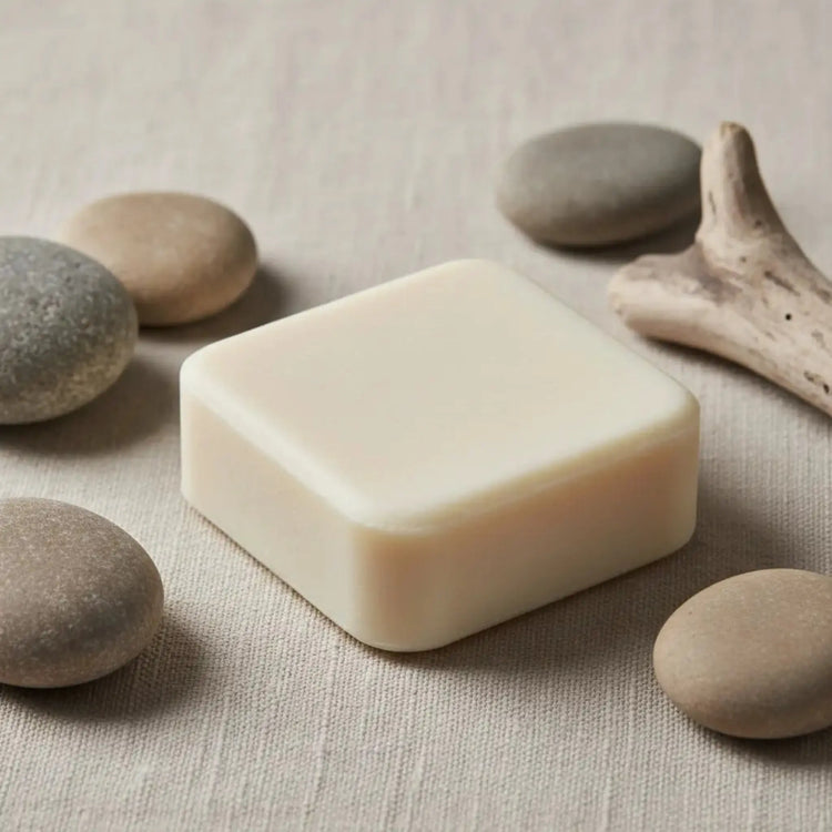 Still Water square ivory tallow shampoo passage bar on natural linen with smooth river stones and driftwood — Blind Pirate Trading Co.