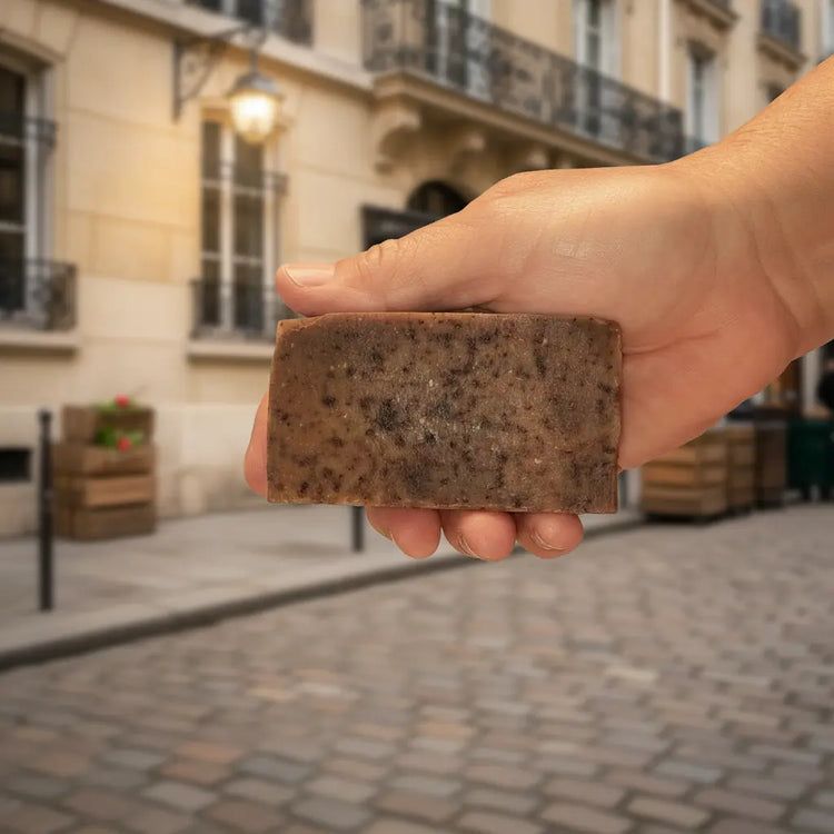 Stone Ground Ballast Cut soap bar with dark botanicals, set against a warm Parisian stone wall background.