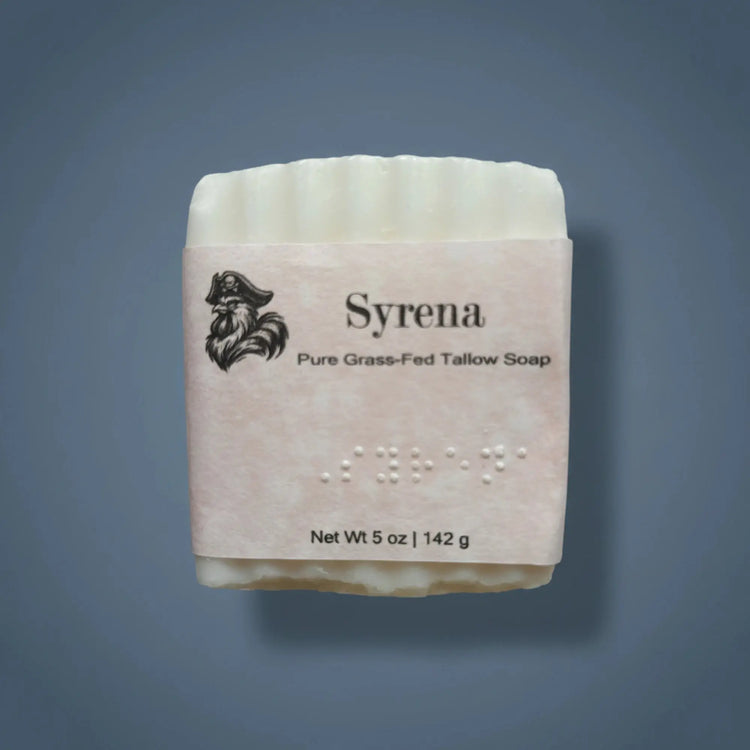 Syrena | Grass Fed Tallow Soap — Blind Pirate Trading Co., with full label and braille on the front of the label.