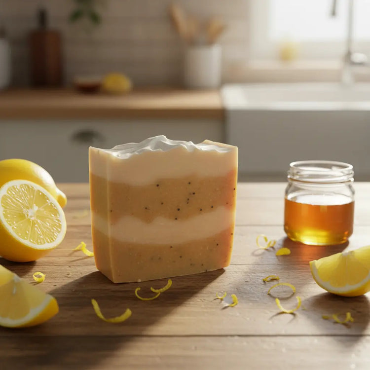 Lemon Drop tallow soap bar layered like lemon cake, beside fresh sliced lemon and a jar of vanilla.