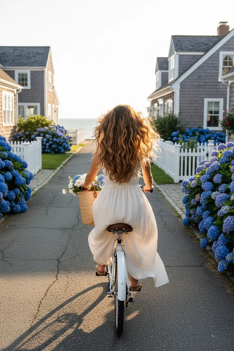 Village Bike with girl who has long, healthy hair flowing behind her down towards the beach.