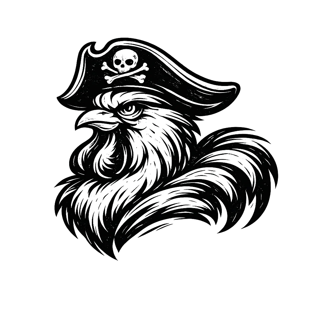 Blind Pirate Trading Co. logo: a black-and-white rooster in a pirate’s tricorn hat with a skull and crossbones, looking stern over its shoulder.