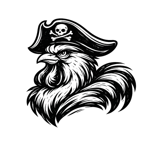 Blind Pirate Trading Co. logo: a black-and-white rooster in a pirate’s tricorn hat with a skull and crossbones, looking stern over its shoulder.