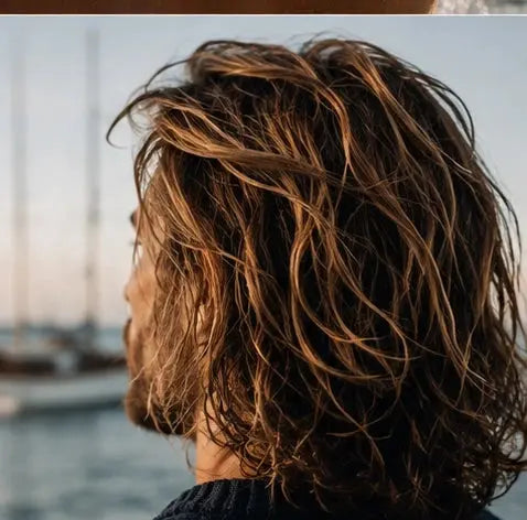 Close-up of thick wavy hair from behind, marina at dusk, Sailor's Mead Shampoo Bar by Blind Pirate Trading Co.