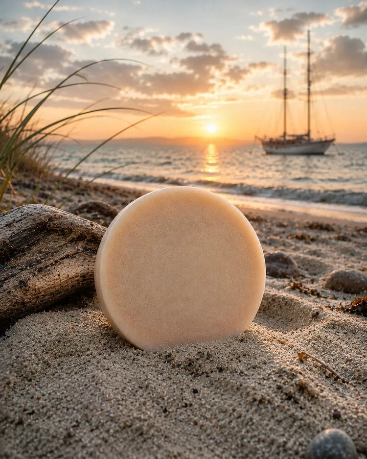Passage bar on driftwood (square bar solo sunset) Sailor's Mead Passage shampoo bar on driftwood at sunset beach, Certified Grass-Fed Tallow, Blind Pirate Trading Co.