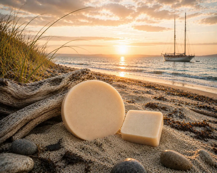Full Measure + Passage both bars together Sailor's Mead Full Measure and Passage shampoo bars on beach at golden hour, driftwood and sailboat, Blind Pirate Trading Co.