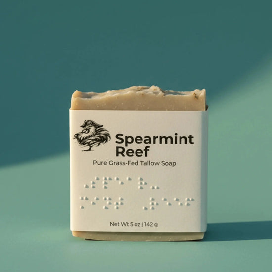 Spearmint Reef | Grass Fed Tallow Soap Bar Blind Pirate Trading Co. with full label and braille on the front of the label.