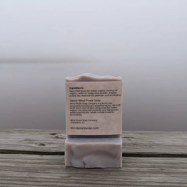 Windward | Back label ingredients listed. Soap on a weathered dock. Blind Pirate Trading Co.
