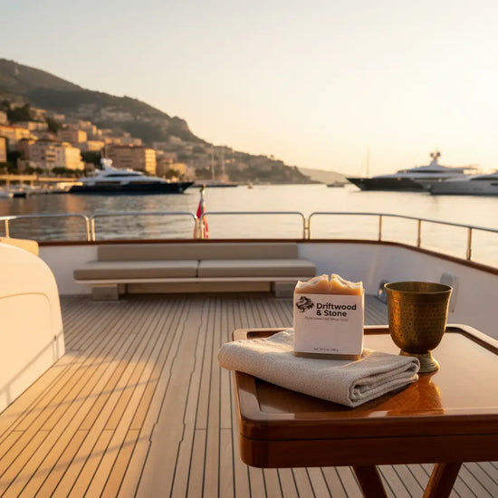 Aft Deck Teak Table — Mediterranean Arrival at sunset aboard the yacht. Blind Pirate Trading Co.