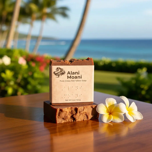 Alani Moani — Stacked Bars Koa Wood Lanai on a sun-warmed teak table, manicured palms and azure Hawaiian ocean stretching beyond.