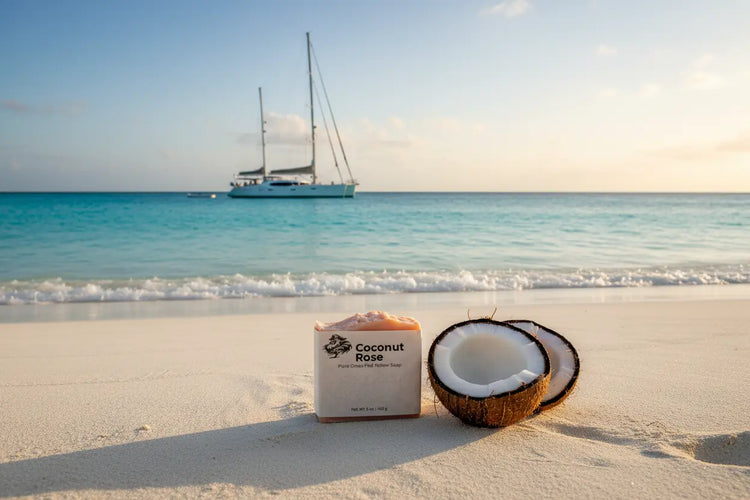 A pink tallow soap bar nestled in white sand beside a cracked coconut, a sailboat gliding across glittering turquoise water beyond.