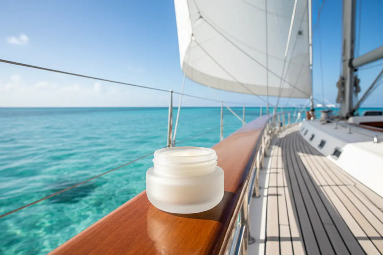 Ditch Kit lip balm on a sailing yacht rail with Caribbean turquoise water and white sails. Blind Pirate Trading Co.