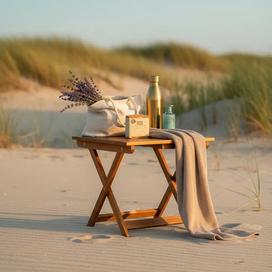 Dune Grass tallow soap bar on portable teak table among sun-warmed sand dunes, golden hour light, linen towel and botanicals
