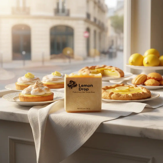 Lemon Drop tallow soap bar front panel among delightful cakes in a sun-lit patisserie window display.