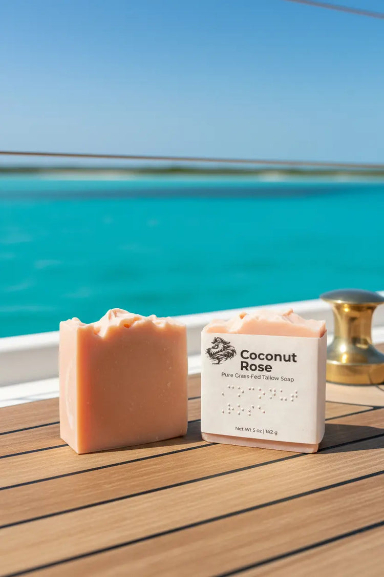 Unwrapped and eco-wrapped Coconut Rose tallow soap bars resting side by side on a sailboat bow, tropical island glowing in the distance.