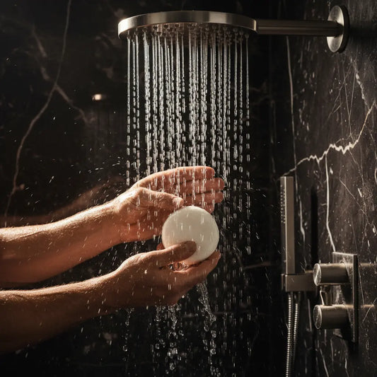 Still Water shampoo bar held under rainfall shower, black marble surround — Blind Pirate Trading Co.