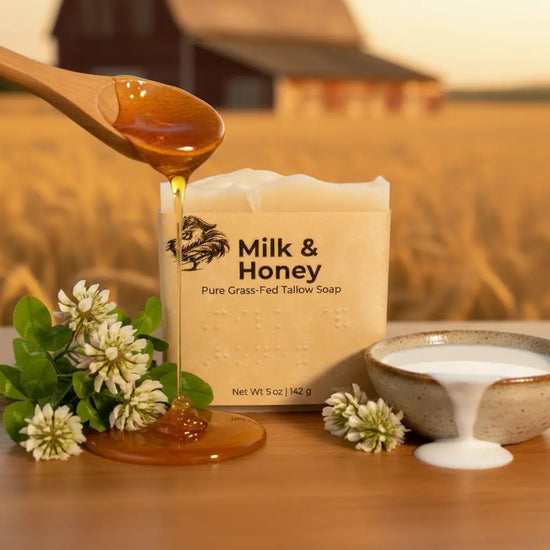 Milk & Honey front panel beside fresh milk, golden honey, and wildflowers, barn and glowing oat fields stretching behind.