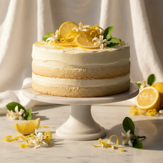Luxury lemon layer cake on a porcelain stand, white flowers and lemon slices draped in billowing white linen.