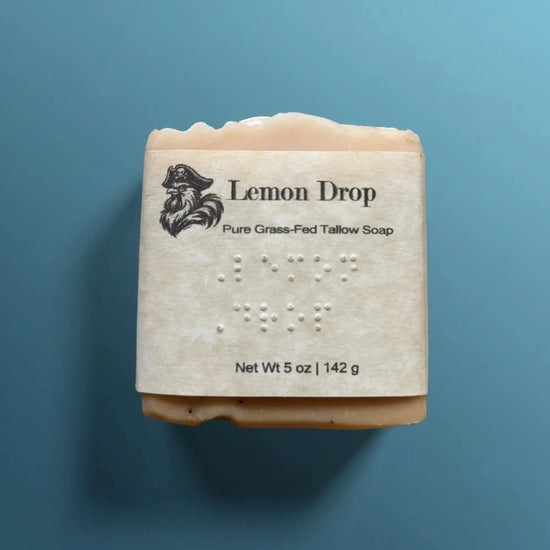 Lemon Drop | Grass Fed Tallow Soap Bar Blind Pirate Trading Co. — Full label and braille on the front of the label.