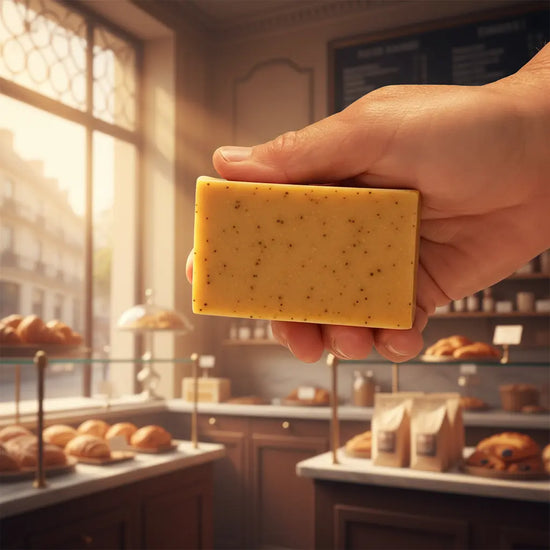 Hand holding Ballast Bar soap with poppy seeds, bathed in warm morning light inside a French patisserie