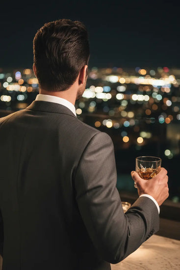 Male Rooftop overlooking the city lights, hair coiffured perfectly in health from Blind Pirate Trading Co. shampoo.