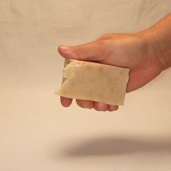 Ballast cut Milk & Honey grass-fed tallow soap bar, soft ivory with warm golden swirls. Blind Pirate Trading Co.
