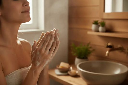 Oatmeal & Honey - Cozy Bath  Soothing Person using oatmeal and honey soap in cozy bathroom with warm comforting atmosphere and natural wood 