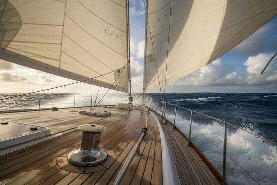 Rich deep water ocean has a sailboat's bow, heeling wing on wing, white wake softly touching her gleaming hull.