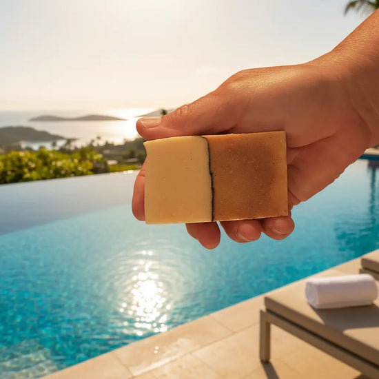 Orange Crush Ballast Cut | Infinity Pool Soap Bar over looking a tropical paradise.