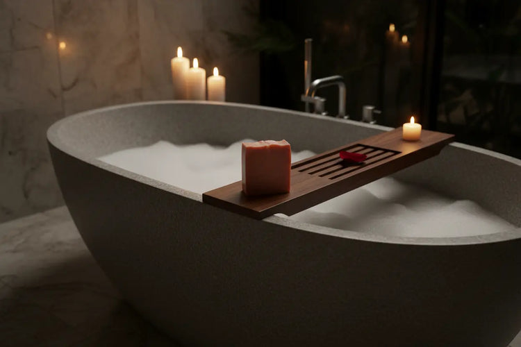 Oval Stone Bath — Unwrapped Velvet Rose bar rests on a teak tub tray, warm candlelight flickering in an inviting bathroom