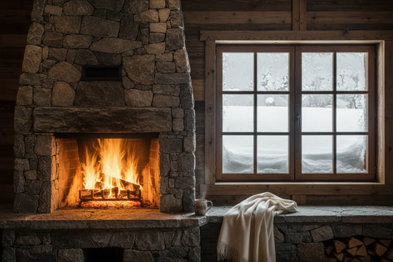 Luxury Alpine Fireplace glows beside a cozy window seat, thick snow banked deep outside.